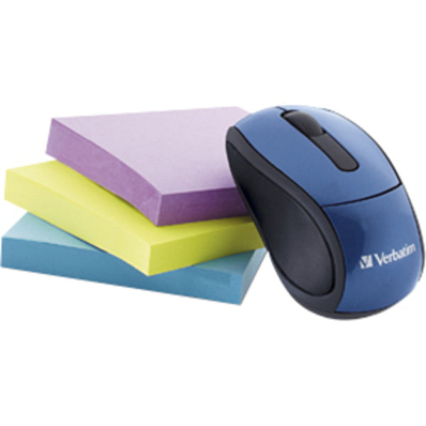 A Verbatim Wireless Mini Travel Optical Mouse - Blue with a usb cord.