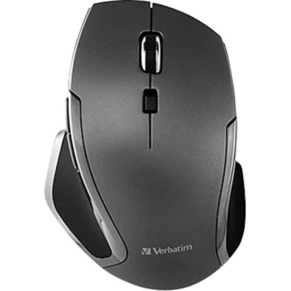 A Verbatim Wireless Notebook 6-Button Deluxe Blue LED Mouse - Graphite on a white background.
