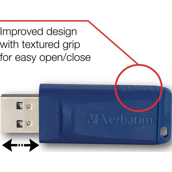 A Verbatim 64GB USB Flash Drive - Blue with the words mitchell tv on it.