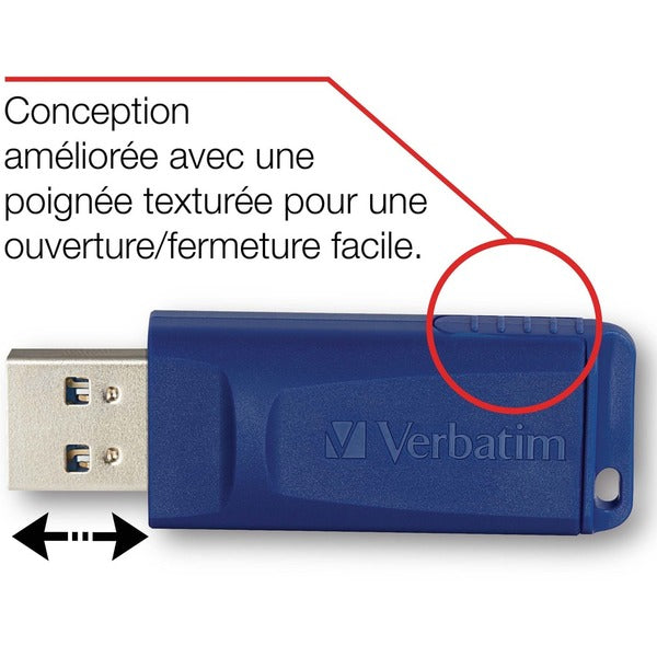 A Verbatim 64GB USB Flash Drive - Blue with the words mitchell tv on it.