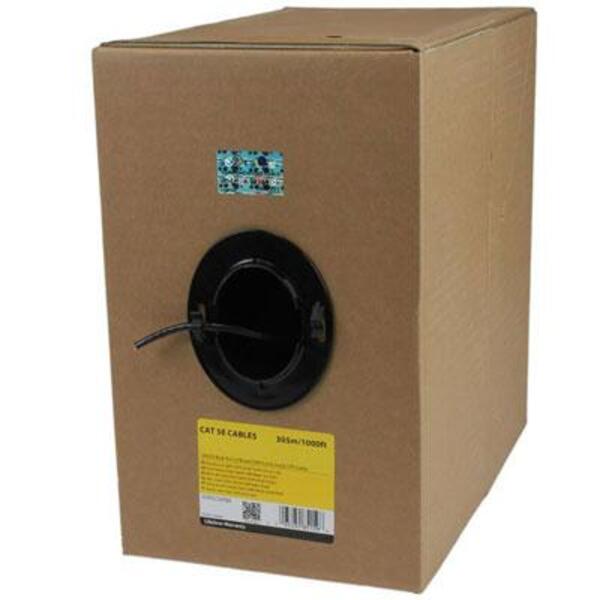 A StarTech.com 1000 ft Bulk Roll of Black CMR Cat5e Solid UTP Riser Cable with a hole in it.