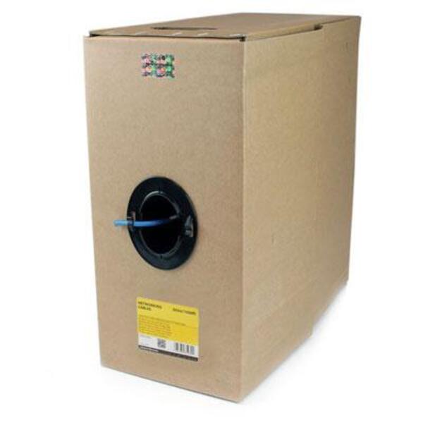 A cardboard box with a StarTech.com 1000 ft Bulk Roll of Blue CMR Cat 6 Solid UTP Riser Cable in it.