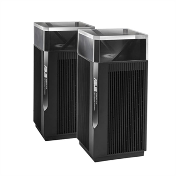 Two black ZenWiFi Pro XT12 Mesh Routers on a white background.