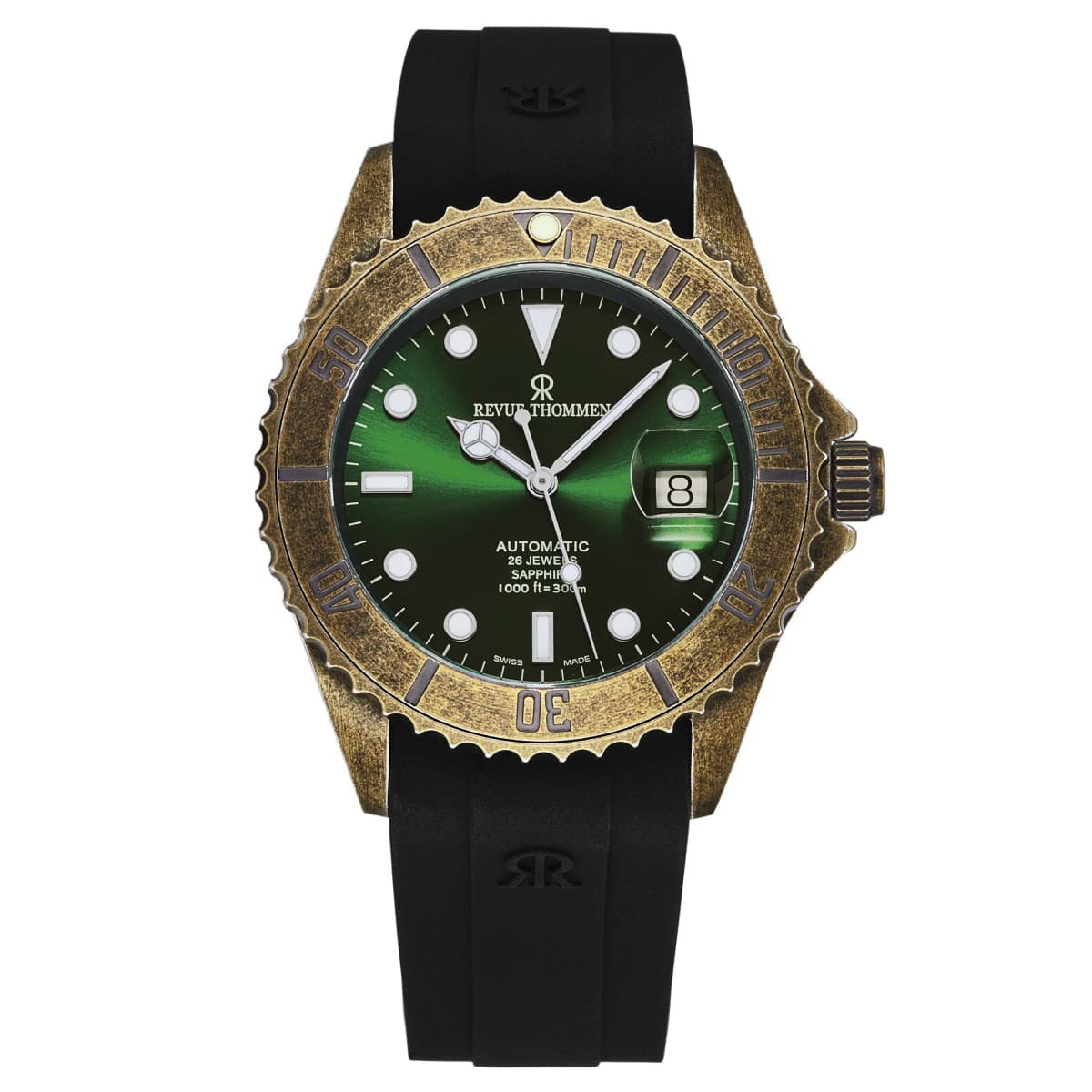 A Revue Thommen Men's 'Diver' Green Dial Black Rubber Gunmetal Automatic Watch 17571.2884 with a green dial and black strap, featuring automatic movement.