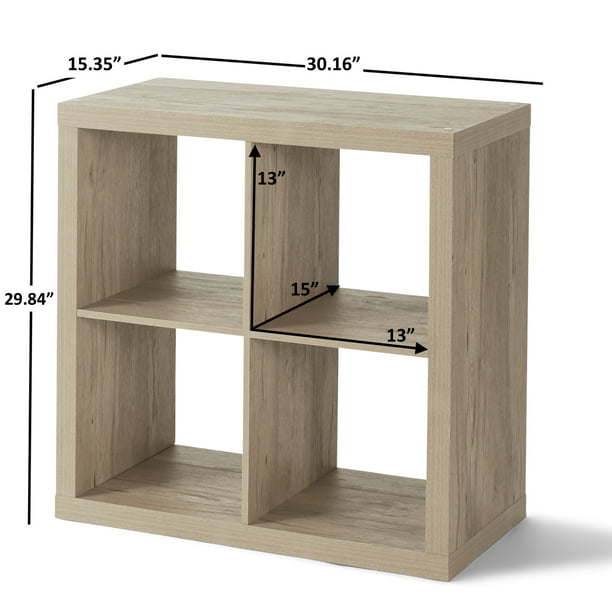 A 4-Cube Storage Organizer, Solid Black, with an open-back design and measurements.