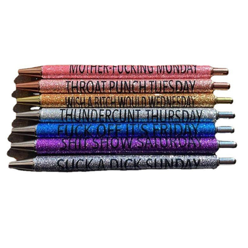 A set of 7pcs Spoof Fun Ballpoint Pens Describing Mentality, each labeled with humorous, profane names for days of the week.