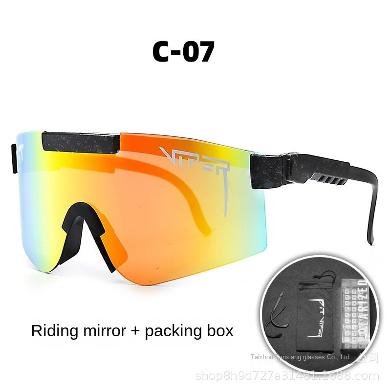 A pair of Pits Viper Riding Glasses Outdoor Sports Sunglasses for men, featuring "VIPER" branding on the lens and frame, with a red and white pattern on the arms. Designed for outdoor sports, they offer UV400 protection and come labeled "C-21," including a riding mirror and packing box.