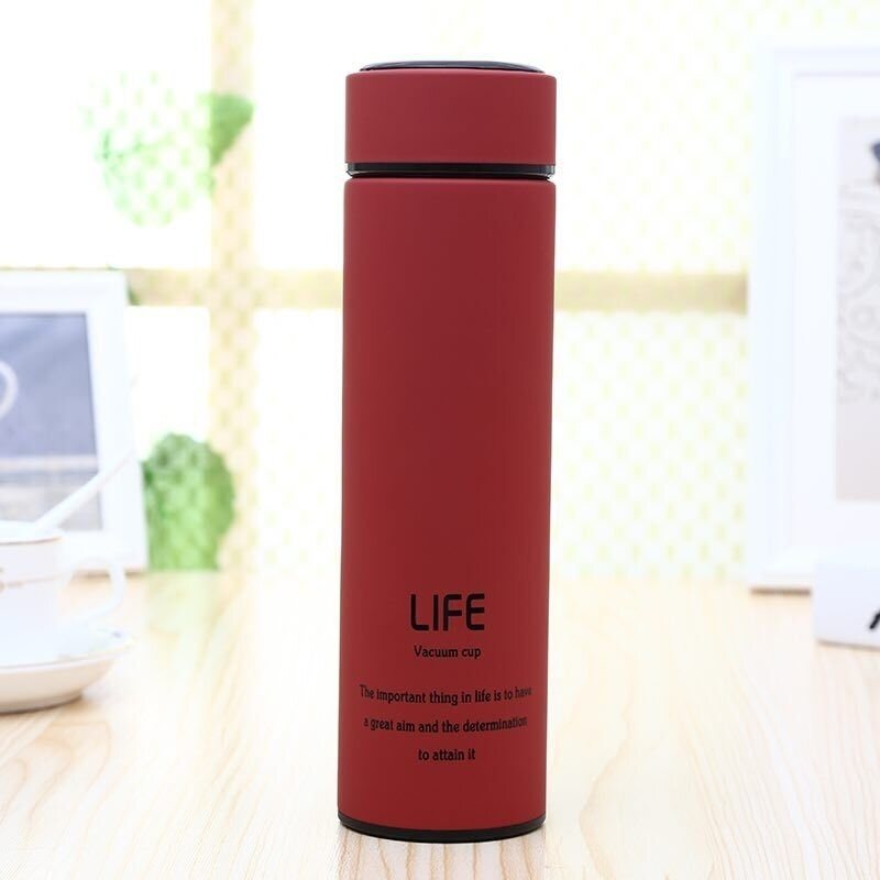 Five Thermo Cup Double Wall Stainless Steel Vacuum Flasks 500ml in various colors lined up, each with descriptive text and branding.