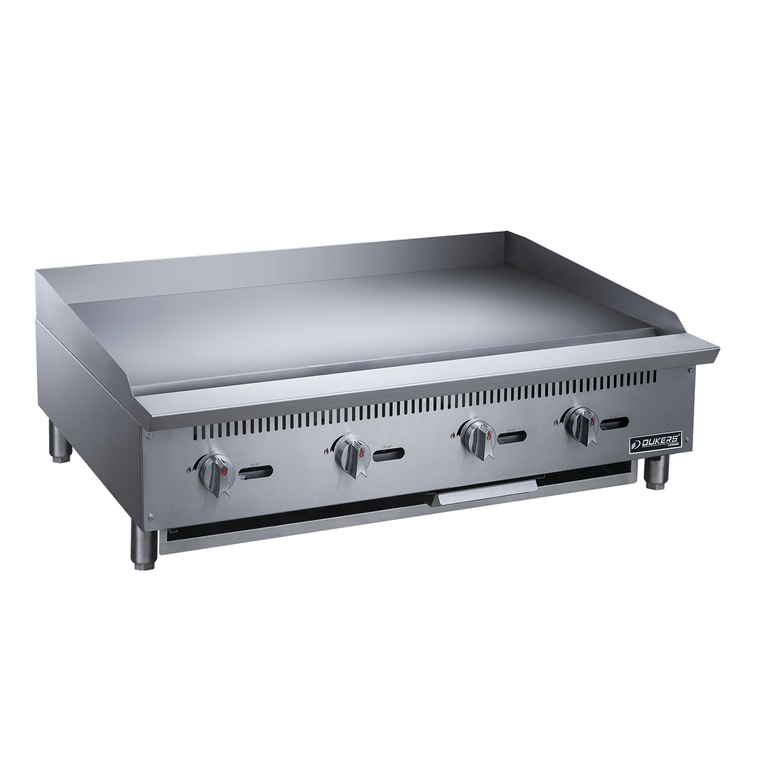 48" Griddler (24" Depth) 4-Burner Commercial Griddle in Stainless Steel with 4 legs commercial flat top griddle with three control knobs and a manufacturer's logo on the front, designed for use as a natural gas griddle.