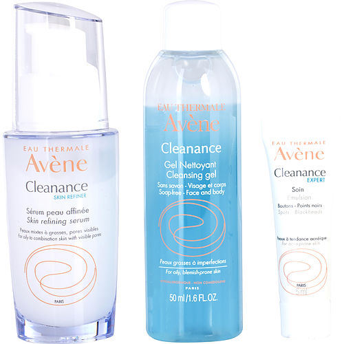 Three Avene by Avene Cleanance Sets: Cleanance Serum 30ml + Cleanance Gel 50ml + Cleanance Expert Emulsion 5ml --3pcs, displayed with brand packaging and descriptions.