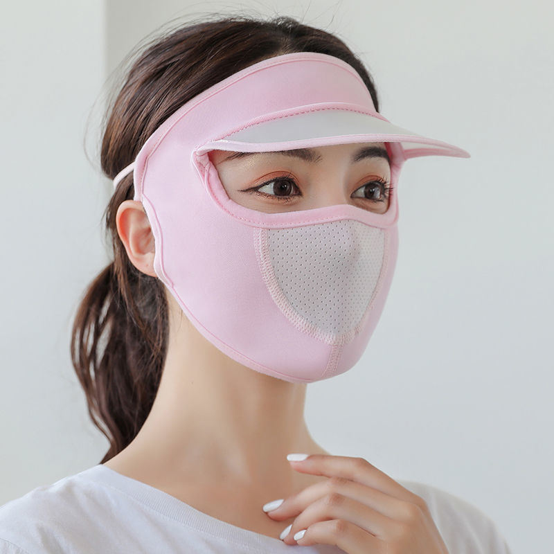 A woman wearing a Women Thin Breathable Ice Silk Sunscreen Long Neck Full Face Mask Summer UV Protection Beach Beauty Sun Hat.