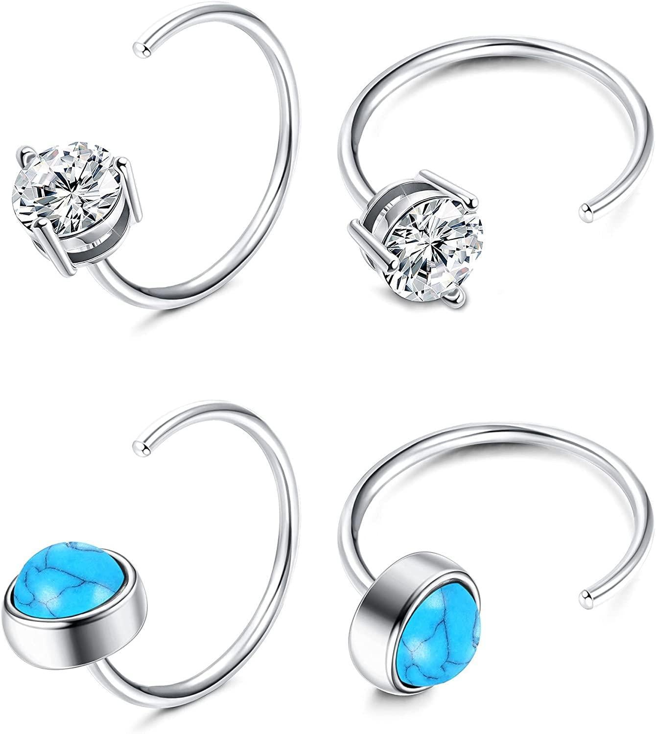 2 Pairs 925 Sterling Silver Half Hoops Earrings Opal Ball Star Dot Small Hoop Earrings Huggie Cartilage Earrings Hug Tiny Hoop Earrings for Women Men