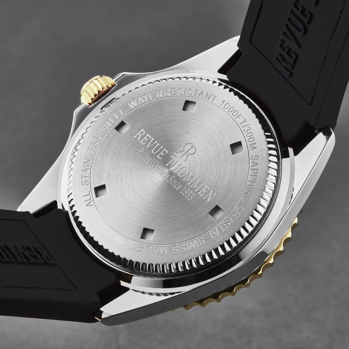 A sleek Revue Thommen Men's 'Diver' Black Dial Black Rubber Strap Swiss Automatic Watch 17571.2847, displayed on a pristine white background.