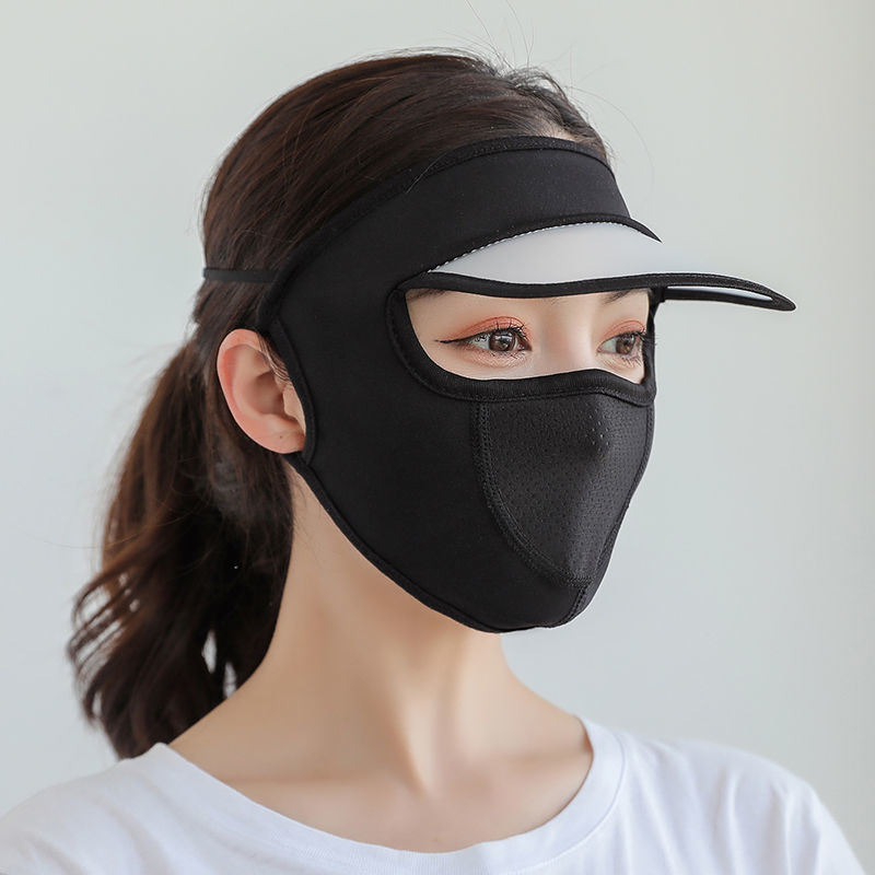 A woman wearing a Women Thin Breathable Ice Silk Sunscreen Long Neck Full Face Mask Summer UV Protection Beach Beauty Sun Hat.