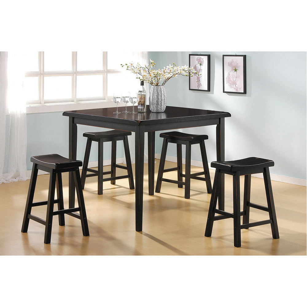 A Gaucho Counter Height Set (5Pc Pk) in Black with four stools and a bottle of wine.