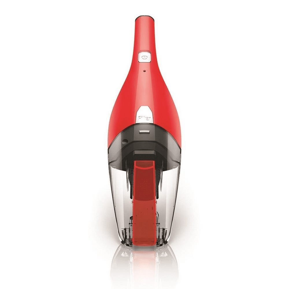 8V Quick Flip Multi-Surface Cordless Handheld Vacuum Cleaner with a transparent dust container and a red and black body, featuring a Quick Flip Crevice Tool, isolated on a white background.