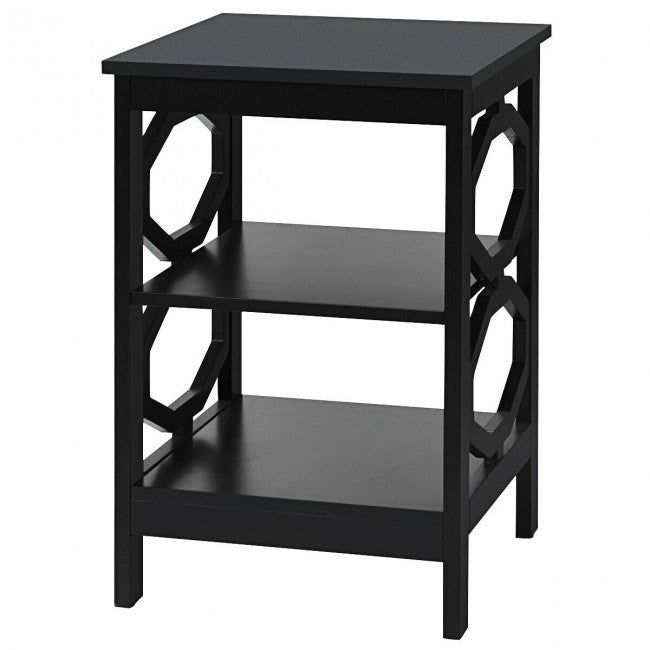 A black Simple And Fashion 3-tier Sofa Side End Accent Table Nightstand with a storage compartment filled with books and magazines on it.