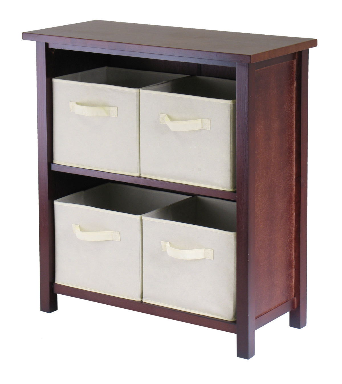 A Verona 2-Section M Storage Shelf with 4 Foldable Beige Fabric Baskets with three fabric baskets on it.