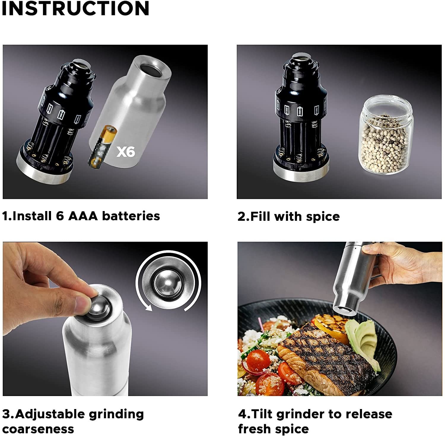 Gravity Electric Salt and Pepper Grinder Set - Automatic Pepper or Salt Mill Shaker, Spice Grinder Battery-Operated with Adjustable Coarseness,One Hand Operated,Utility Brush,Premium Stainless Steel.