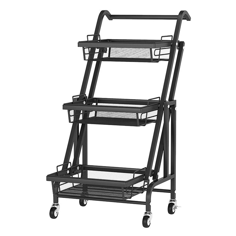 A 3-Tier Folding Rolling Cart Kitchen/Bedroom/Living Room/Bathroom with three baskets on wheels.
