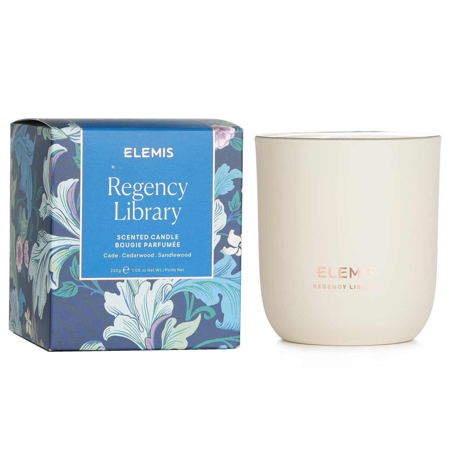 A white ELEMIS - Scented Candle - Regency Library 888924 220g/7.05oz with the words elemis on it, featuring a pleasant fragrance.