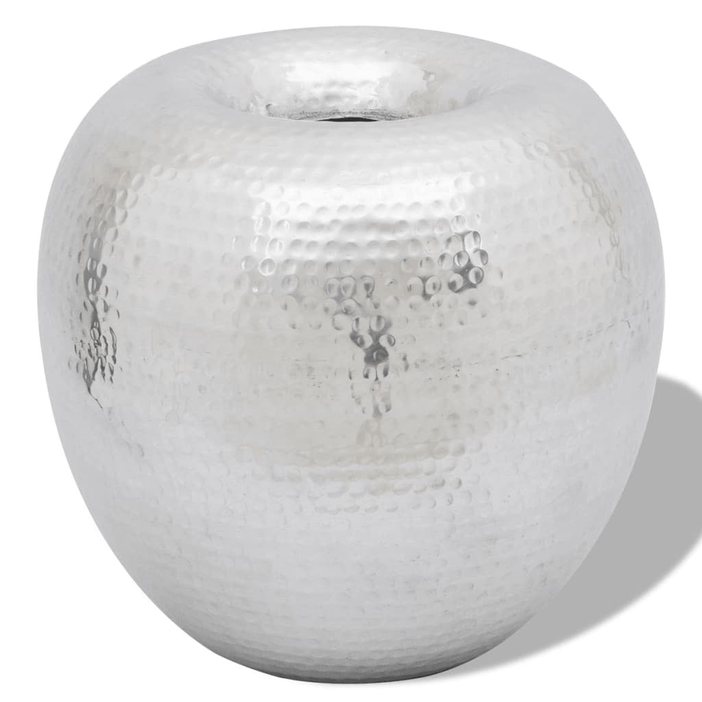 A round, white Hammered Aluminum Vintage-Style Decorative Vase with a textured surface on a plain background.