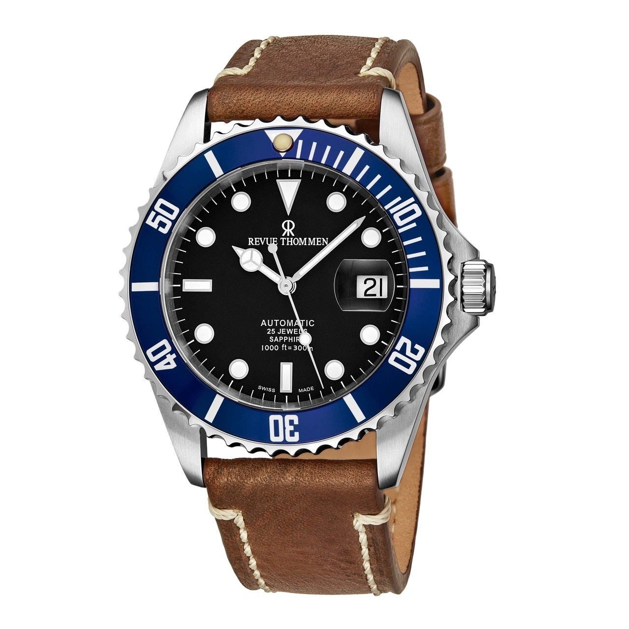 A men's Revue Thommen 17571.2535 Diver Black Dial watch with brown leather strap featuring an automatic movement.