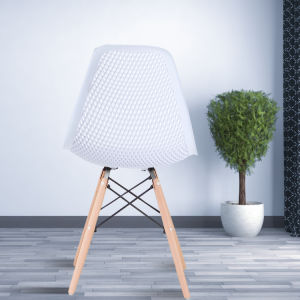 The Set of 4 Modern Style Dining Chairs are mid-century modern side chairs with a black plastic shell lounge design, wooden walnut legs, and metal supports, perfect for your kitchen, dining room, bedroom, or living room.