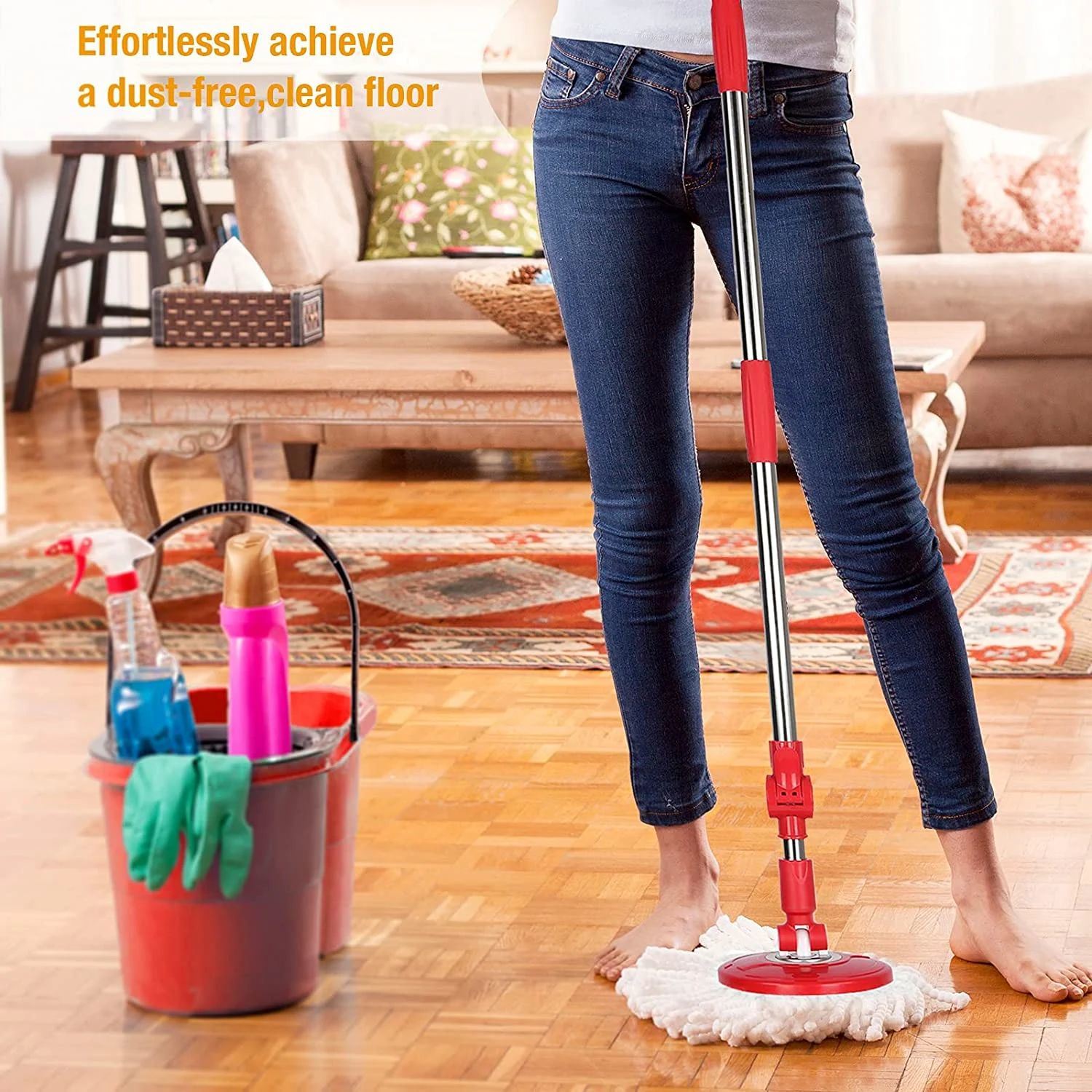 Spin Mop and Bucket with Wringer Set - for Home Kitchen Floor Cleaning - Wet/Dry Usage on Hardwood &amp; Tile - Upgraded Self-Balanced Easy Press System with 2 Washable Microfiber Mops Heads