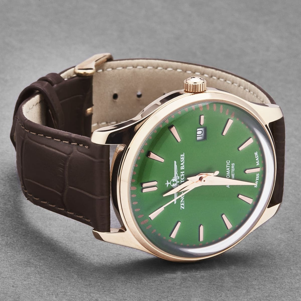 The Zeno men's 'Jules Classic' Limited Edition Green Dial Brown Leather Strap Automatic Watch 4942-2824-PGRG8 features a green dial complemented by a brown leather strap.