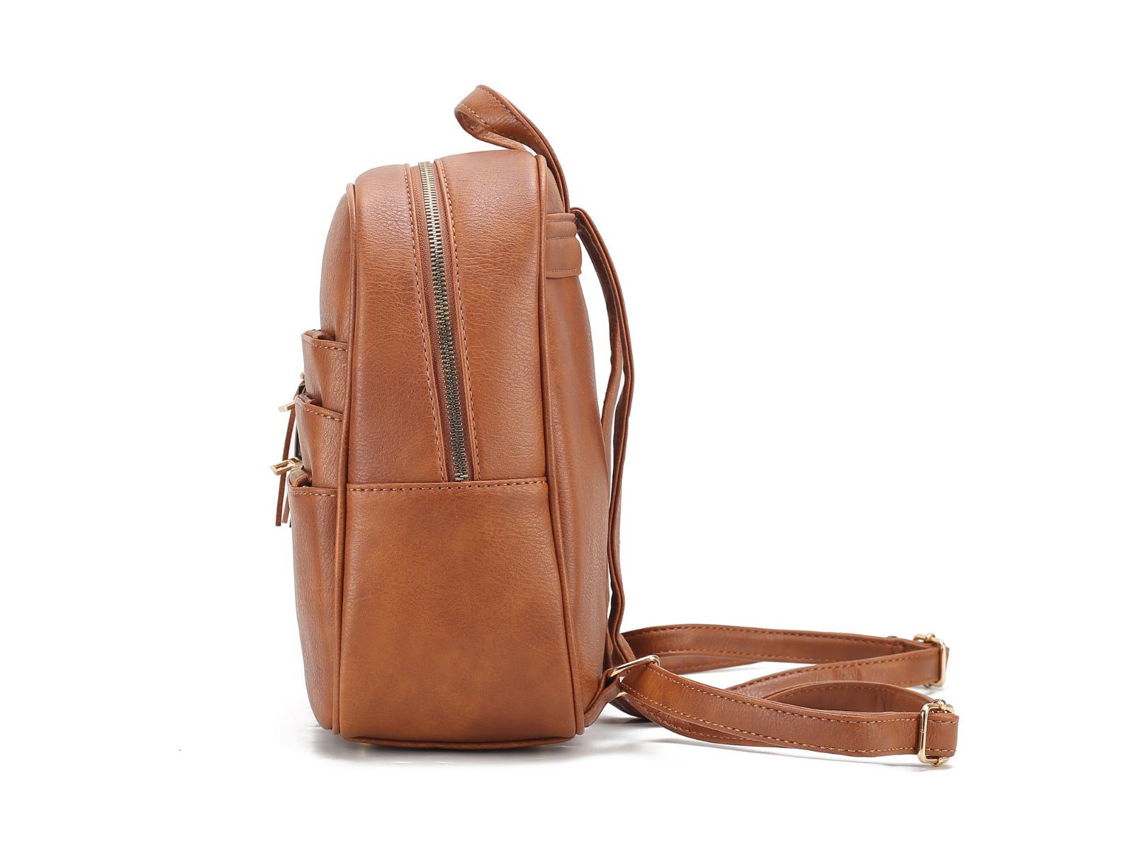 Two MKF Collection Roxane Vegan Leather Women's Backpacks with Mini Backpack and Wristlet Pouch- 3 pieces by Mia k, and a wallet.