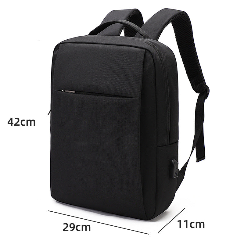 Men 15.6 Inch Laptop Backpacks Business Travel Waterproof Shoulder Bag For Teenager Light Large Capacity School Backpack with dimensions labeled, featuring a zippered front pocket and padded straps, isolated on a white background.