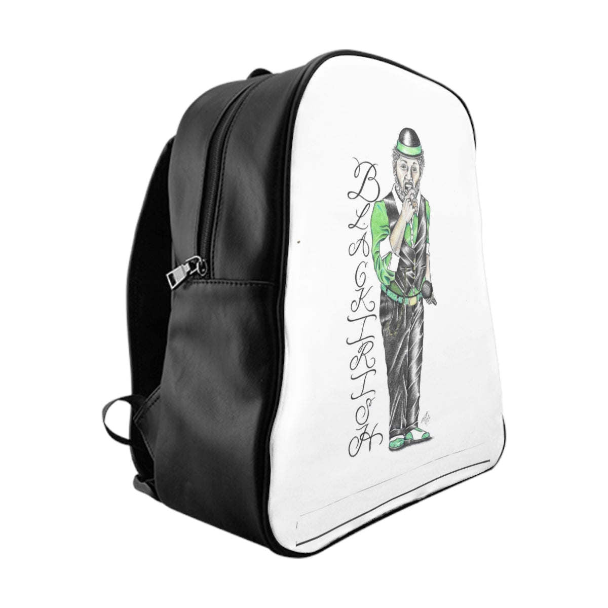 White and Black Irish Backpack 'St Patricks Day' featuring a quality print of a man in a green suit and hat holding a cane.