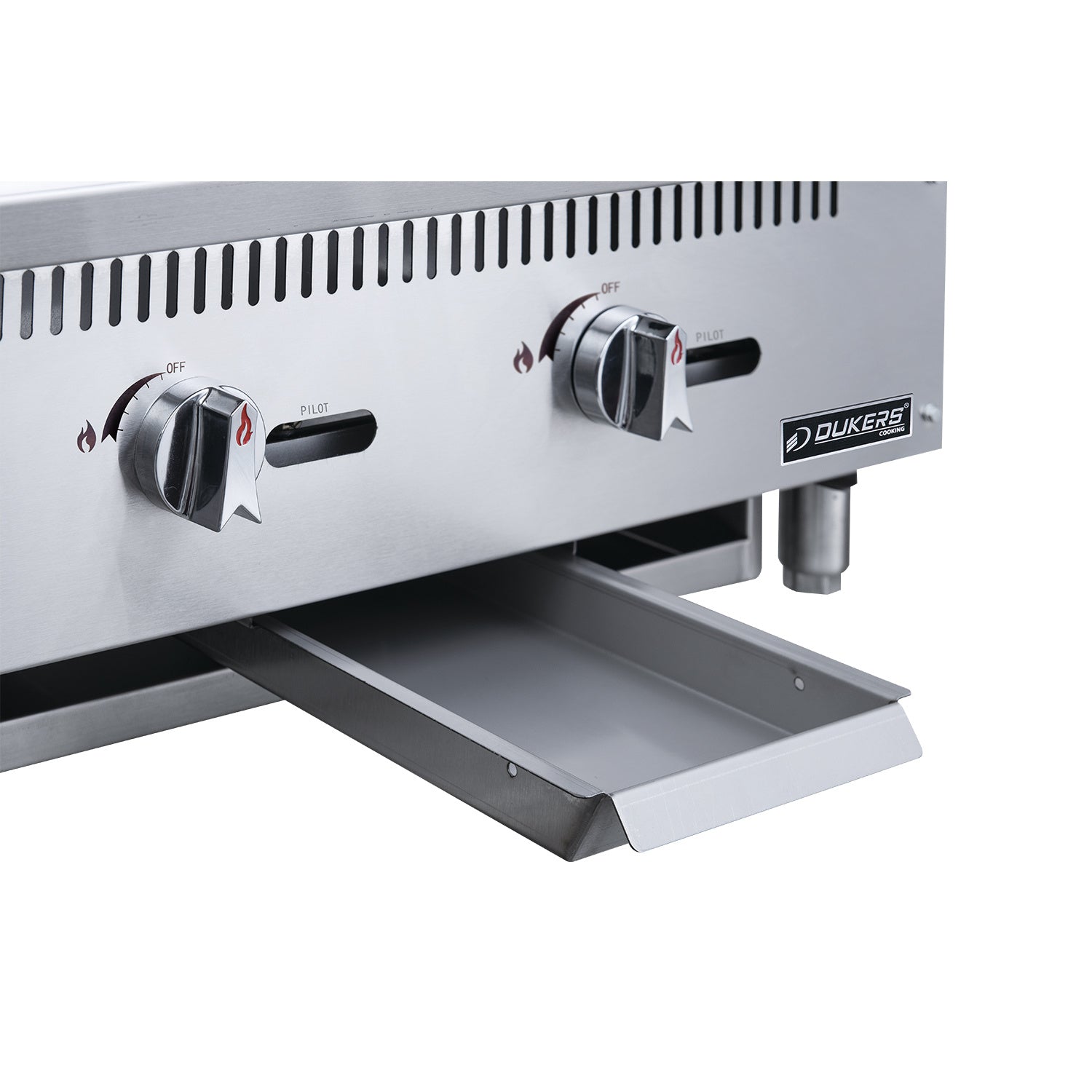 3-Burner Commercial Griddle in Stainless Steel with 4 legs with two control knobs and BTU burners on a white background.