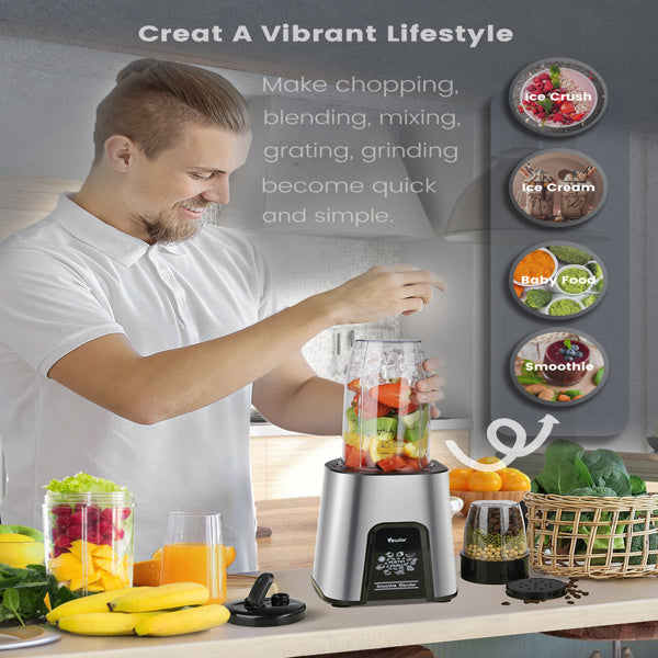 A VEWIOR 1000W Smoothie Blender for Shakes and Smoothies with fresh berries and fruit in it.
