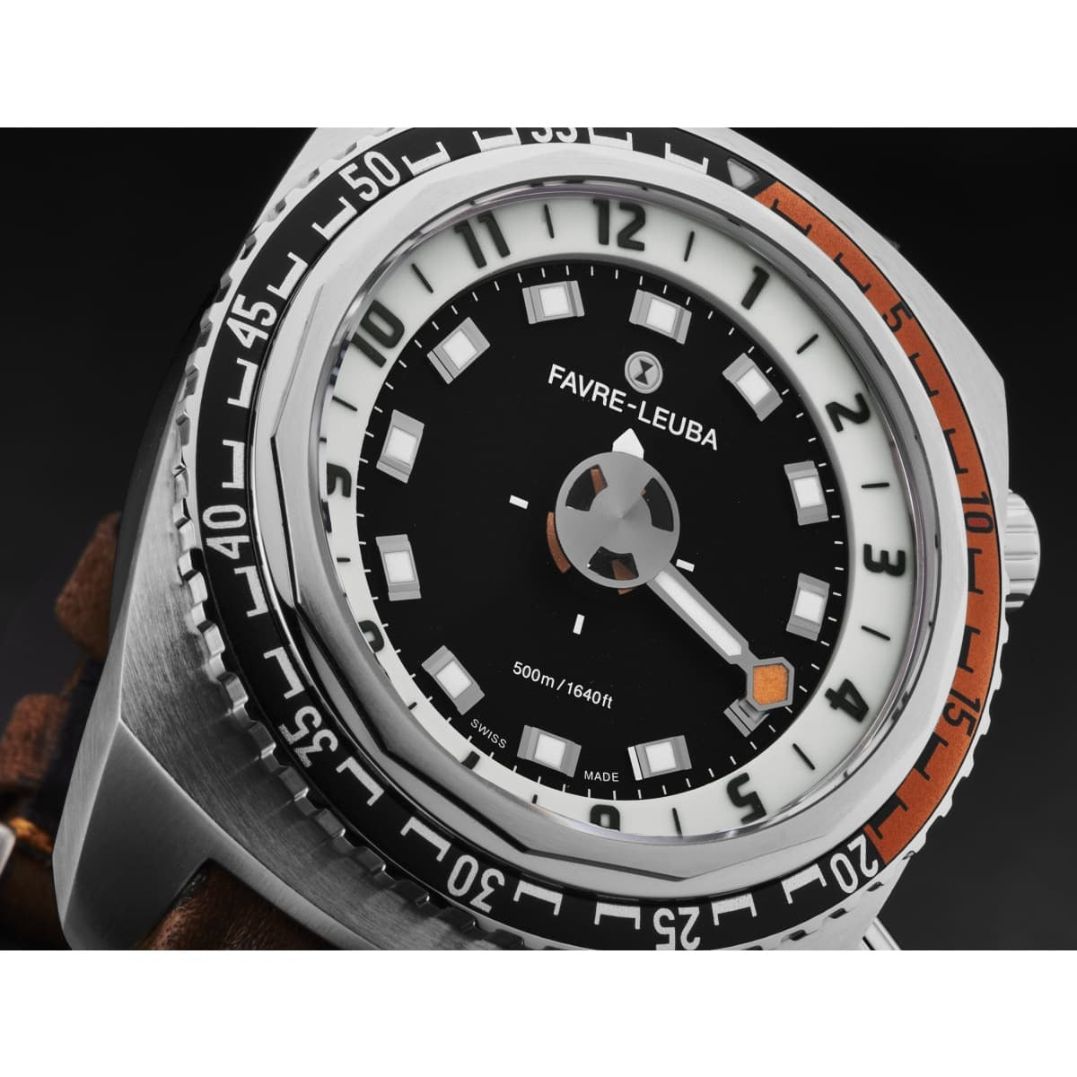 An Favre-Leuba Men's 00.10101.08.13.44 'Raider Harpoon' Black White Dial Brown Leather Strap Automatic Watch, with a black and orange color scheme set against a white background