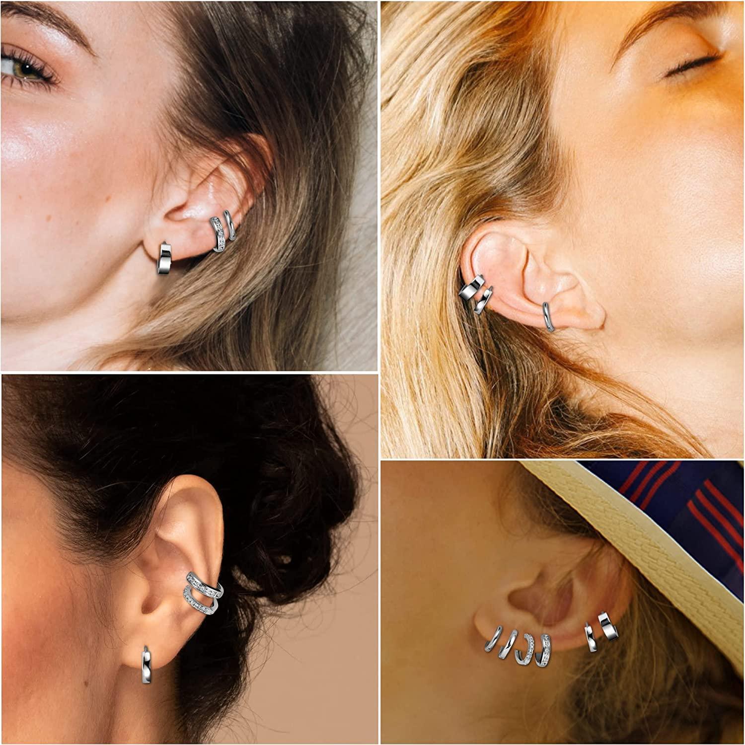 A collection of twelve 6Pairs Huggie Hoop Earrings for Women Men 14K Gold Plated Cubic Zirconia Small Hoop Earrings Tiny Cartilage Helix Daith Earrings Minimalist Ear Piercing Sets in various designs, some plain and others adorned with tiny rhinestones, displayed on a white background.