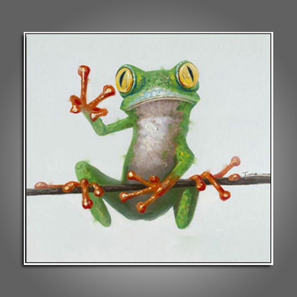 A vibrant green frog with large yellow eyes clinging to a thin branch, set against a plain white background, depicted in a 100% Hand Painted Abstract Oil Painting Wall Art Modern Minimalist Frog Picture Canvas Home Decor For Living Room No Frame.