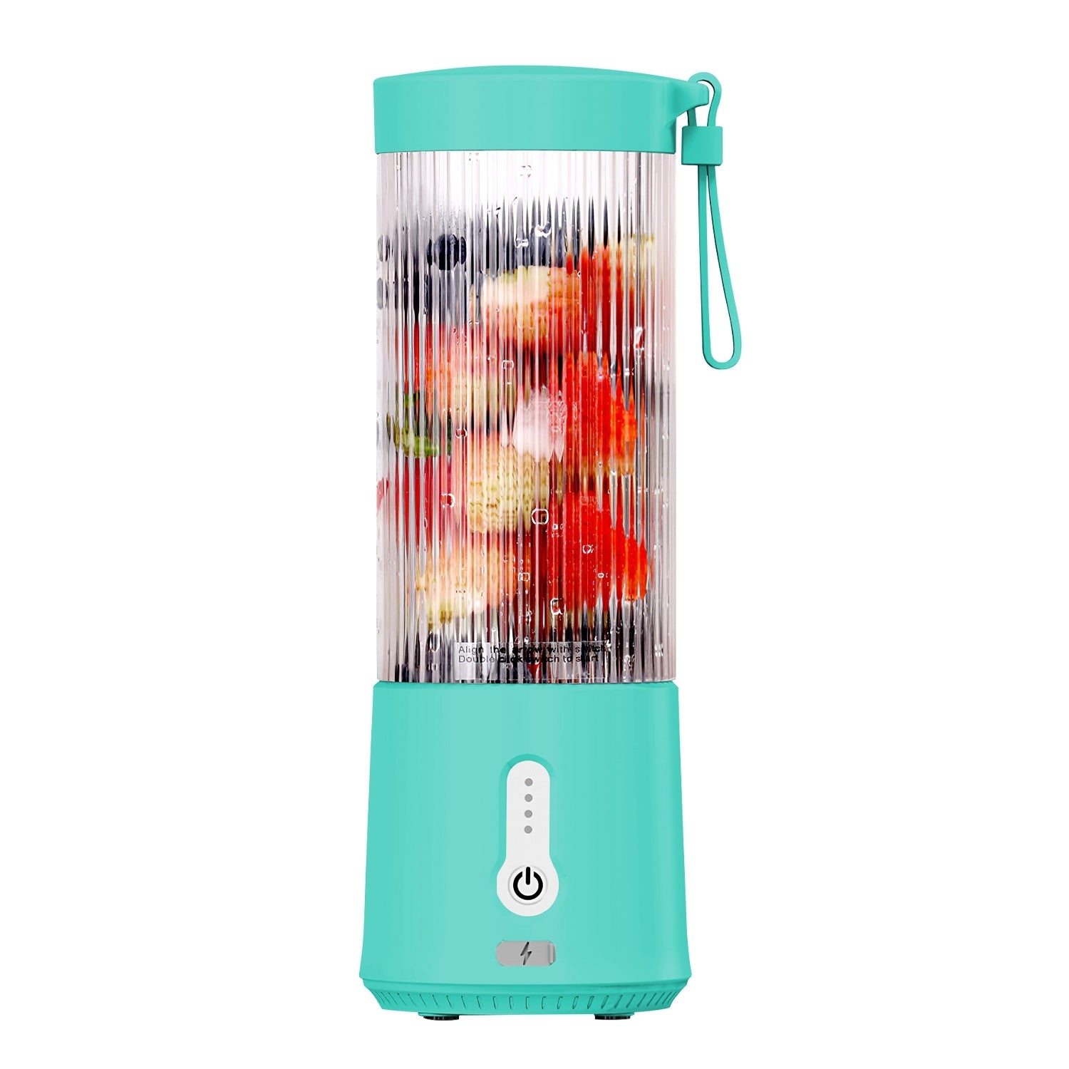 A 15.2OZ portable fruit blender with 6 blades filled with fruits and berries, featuring a capacity.