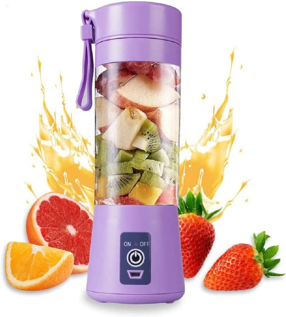 Four Portable 6 Blenders with fruit in them.