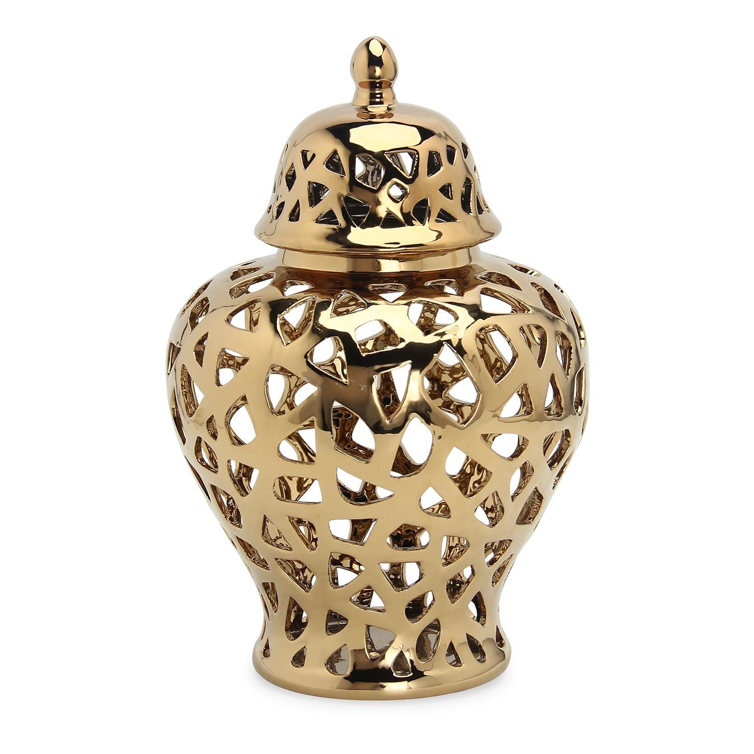 A golden, intricately pierced Gold Ceramic Ginger Jar Vase with Decorative Design with a removable lid, isolated on a white background, perfect for interior design.