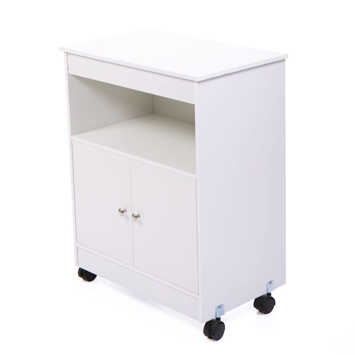 Wood Kitchen Microwave Cabinet Cart with 4 Universal Wheels and Roomy Inner Space for Home Use; White