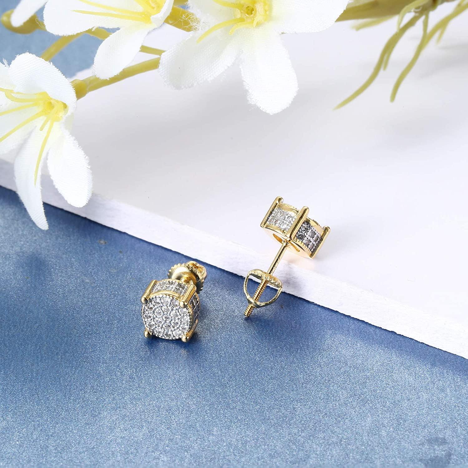 Round Stud Earrings for Men and Women, 14K Gold-Plated and Iced Out with Cubic Zirconia, featuring 925 Sterling Silver Screw-Back clasps. Perfect for Streetwear, Rapper Micropave, or Hip Hop Jewelry.