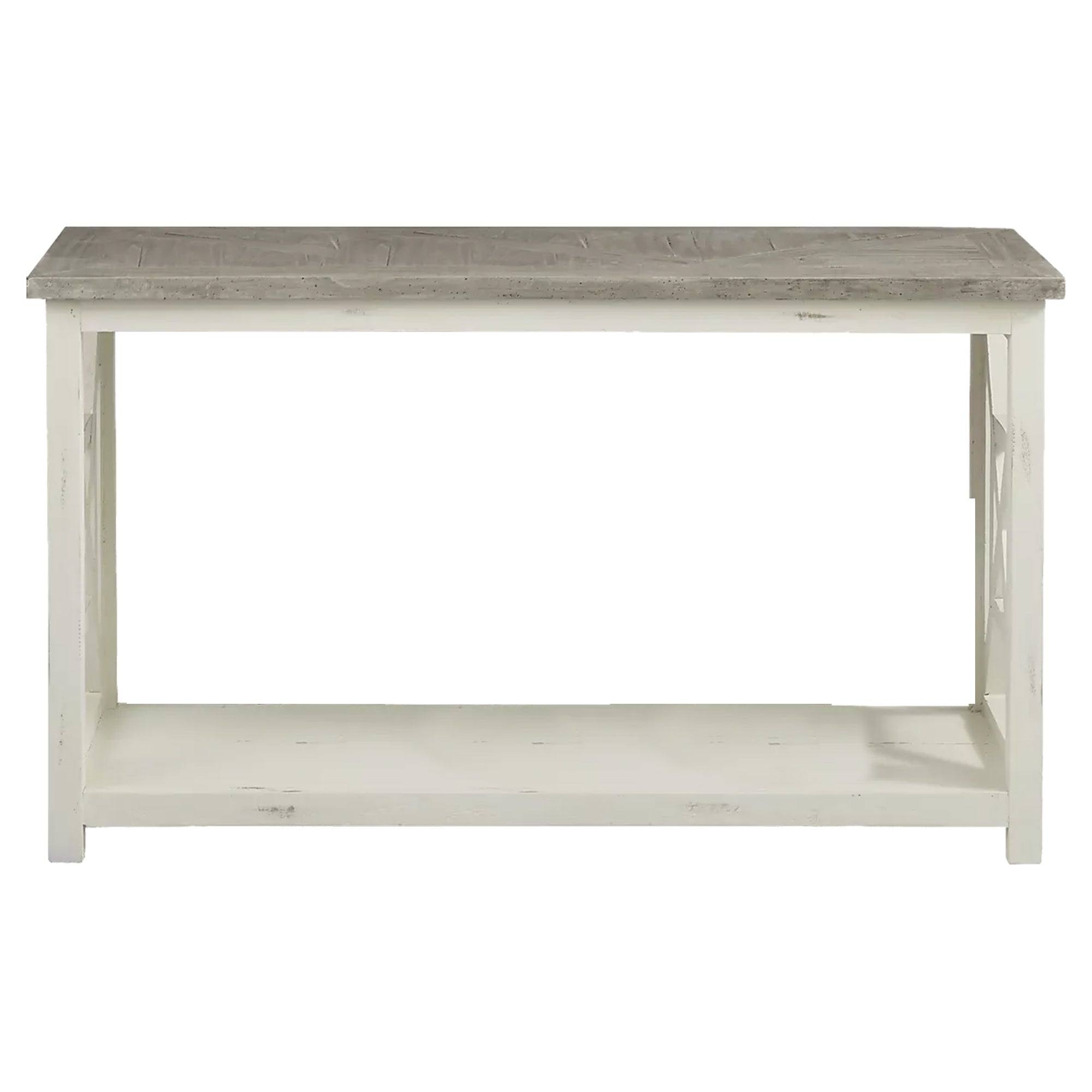 Solid Wood Sofa Console Table with X Shape Side Panels; White and Brown; DunaWest