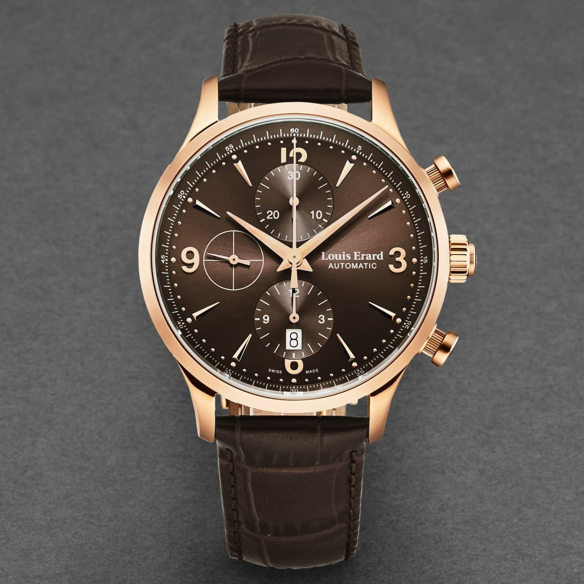 A Louis Erard Men's '1931' Chronograph Brown Dial Brown Leather Strap Automatic Watch 78225PR16.BRC03 with brown leather straps and a brown dial.