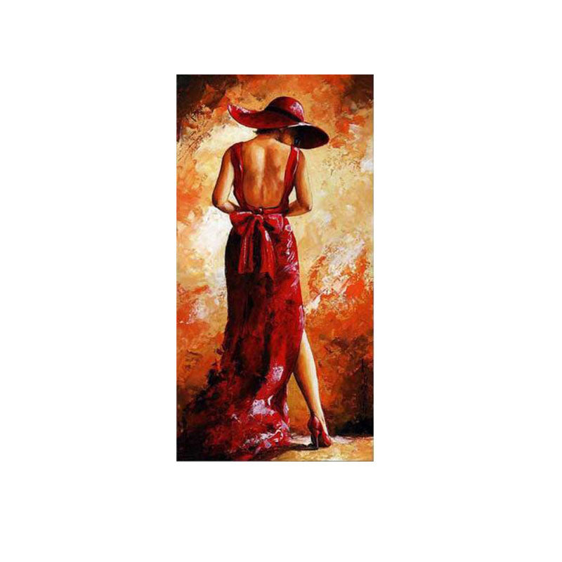 A 100% Hand Painted Abstract Oil Painting Wall Art Modern Women Picture Canvas Home Decor For Living Room Bedroom No Frame of a woman in a red dress and wide-brimmed hat, viewed from behind, standing against an abstract, warm-colored background.