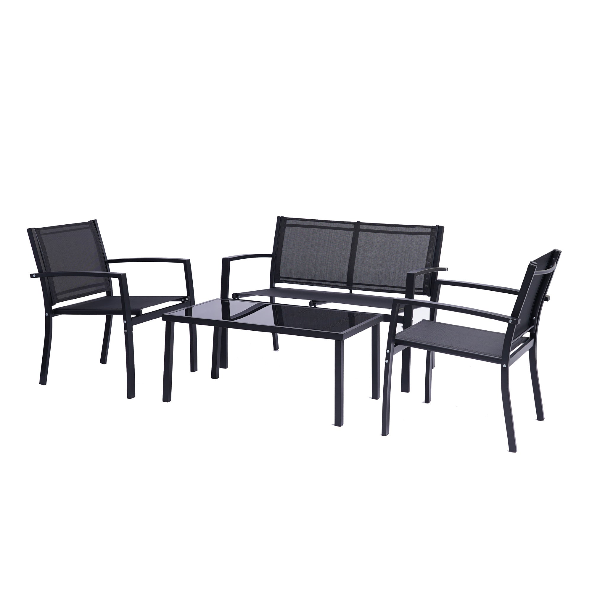 A 4 Pieces Patio Furniture Set Outdoor Garden Patio Conversation Sets Poolside Lawn Chairs with Glass Coffee Table Porch Furniture (Black) with a view of the ocean.