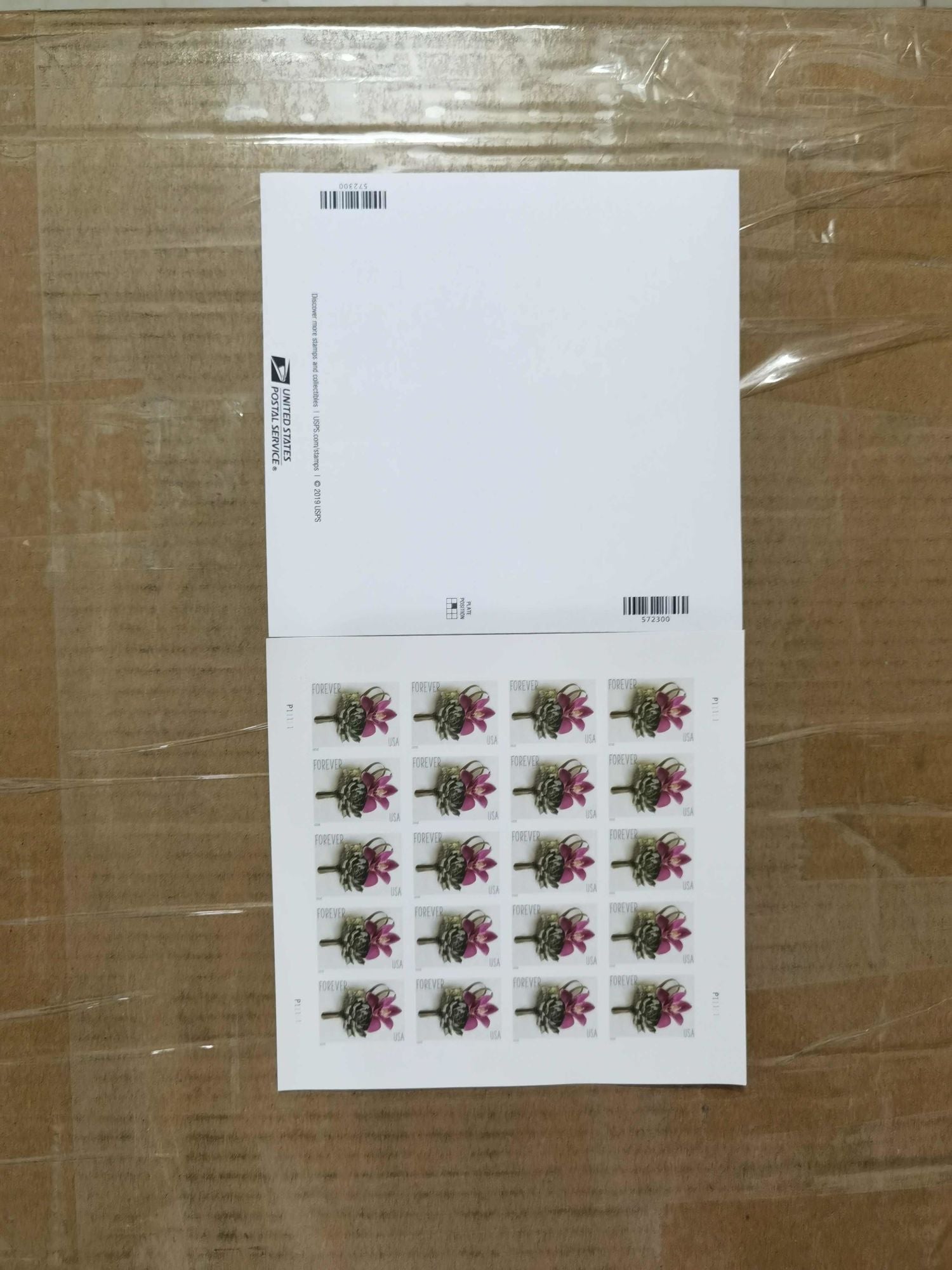 A sheet of First-Class Rate 2020 U.S. STAMPS featuring a contemporary boutonniere design, placed on a cardboard surface.
