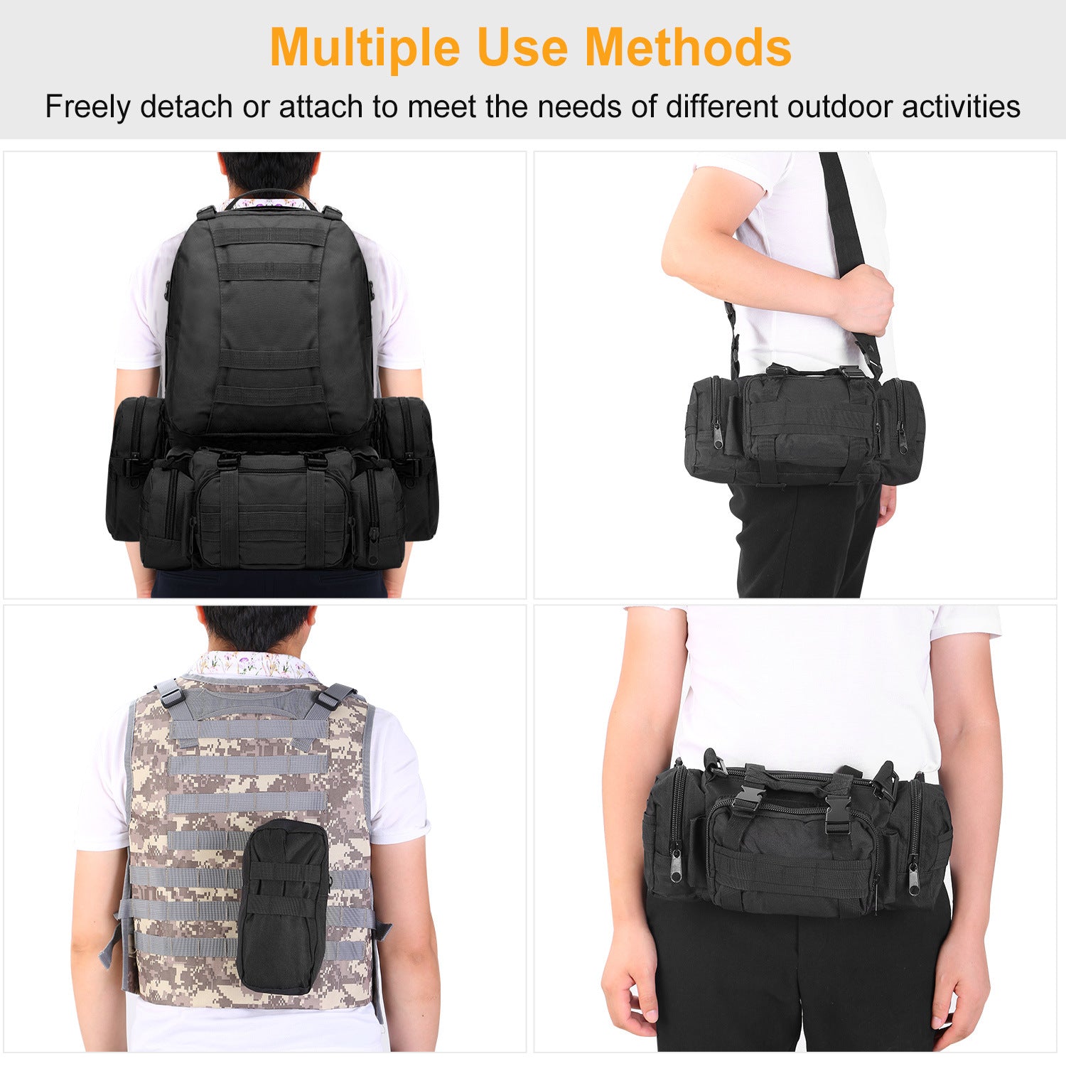 A 56L Military Tactical Backpack Rucksacks Army Assault Pack Combat Backpack Pouch with durable construction on a white background.