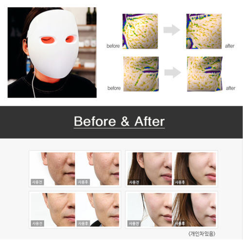 A Made in KOREA LED face mask light therapy led mask red light IR photon skin rejuvenation on a table next to a box for LED photon light therapy.